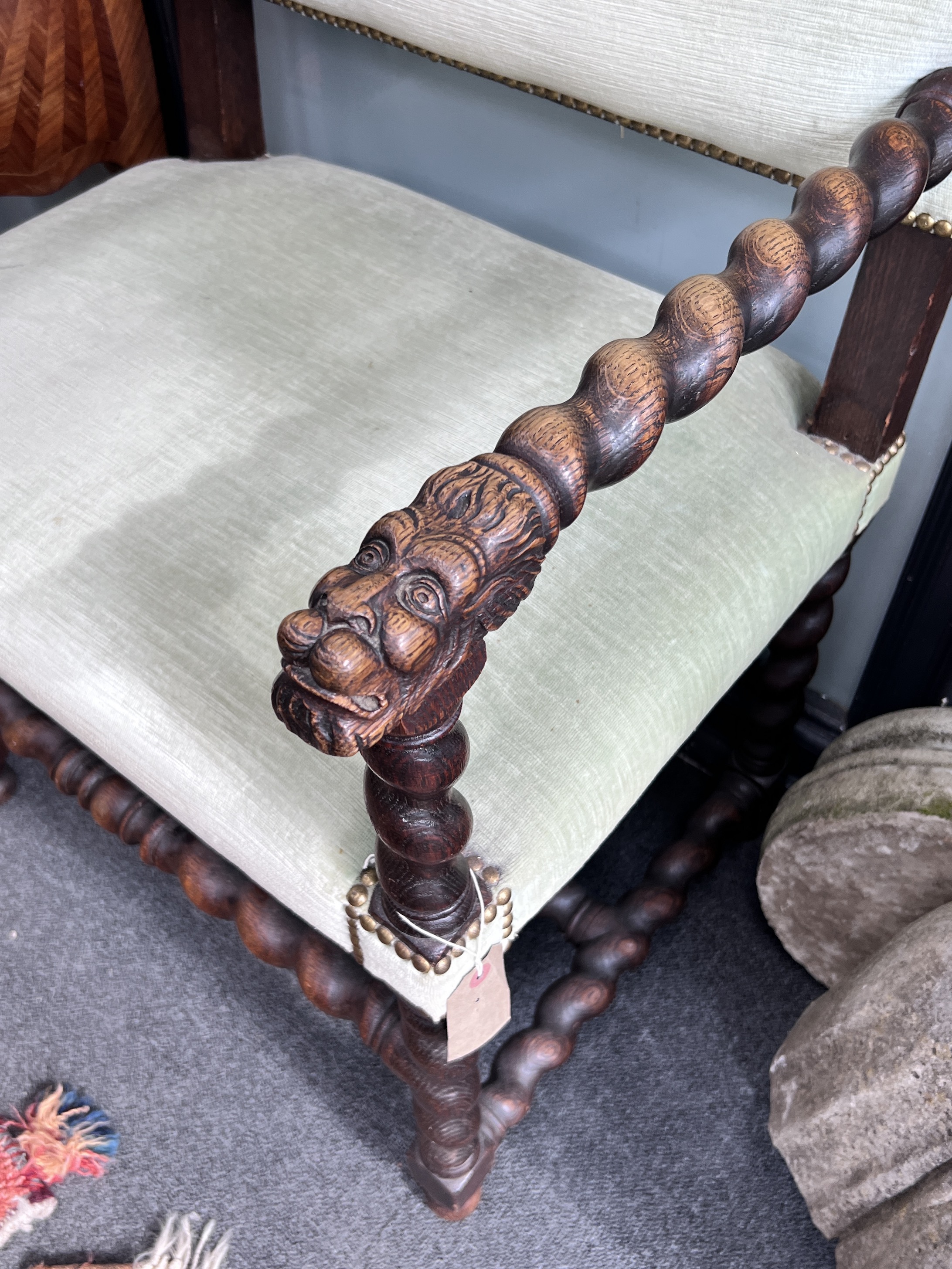 A Flemish oak spiral twist hall chair, circa 1900, width 62cm, height 94cm